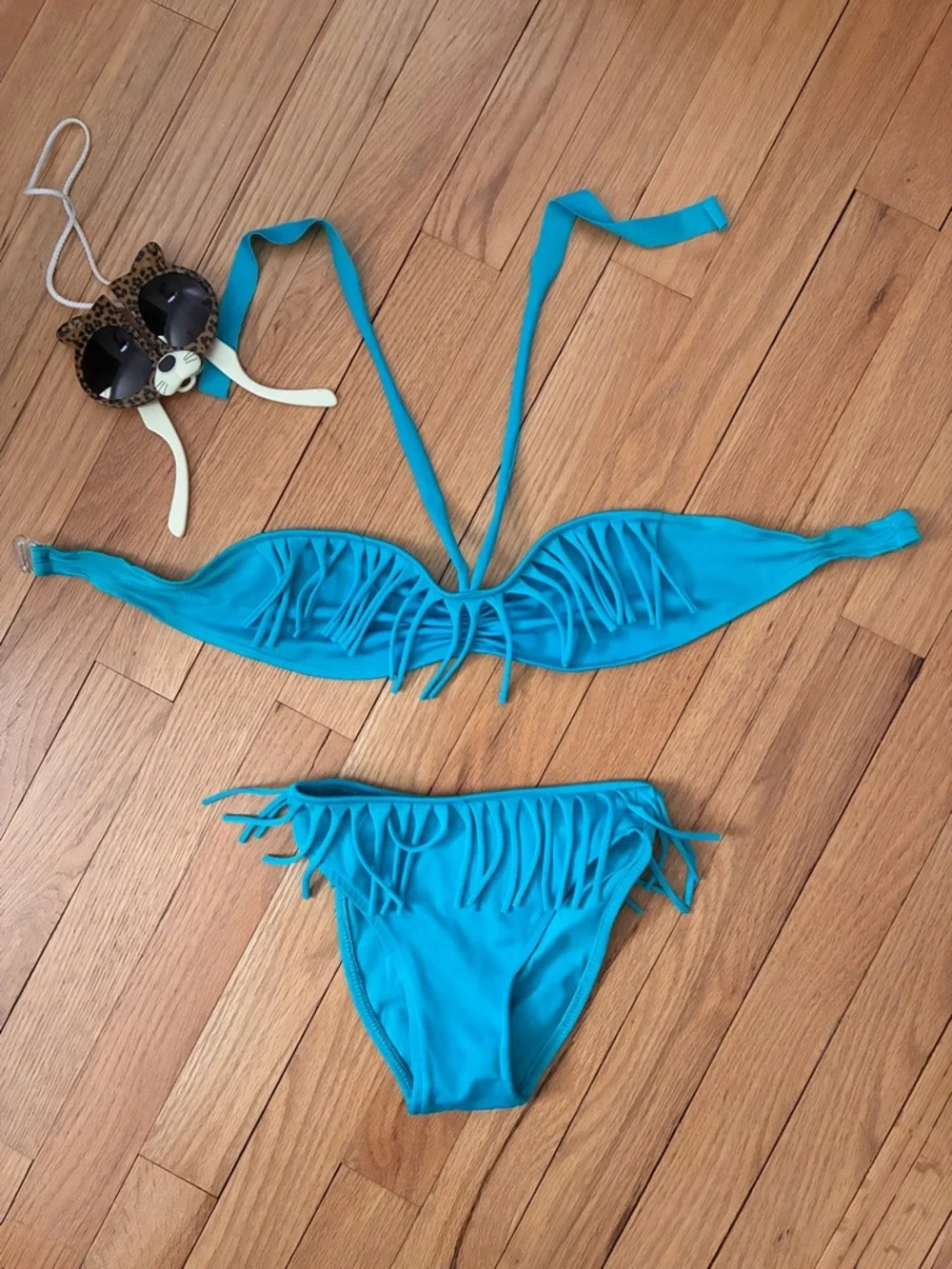 Vintage Toddler Fringed Bikini, Turquoise + Folding Kitty Sunglasses Set, 4T